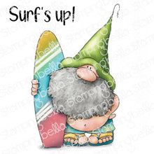 Load image into Gallery viewer, Gnome With A Surfboard Rubber Stamp
