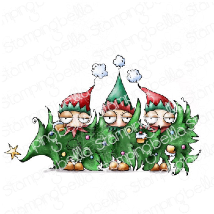 Oddball Three Elves And A Tree Rubber Stamp